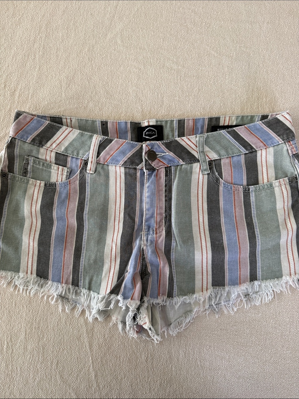 RVCA Striped Frayed-Hem Jean Shorts in Green, Blue, Black
